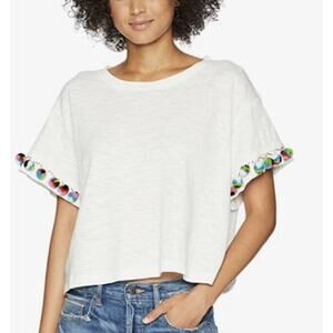 Catharine Malandrino Womens Cropped Pom Ellis Top Medium White Short Sleeve Crew